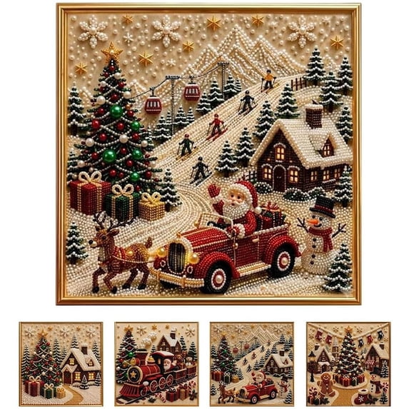 DIY Christmas Pearl Diamond Painting Art Kit with Frame, Christmas Pearl Beads Art Craft for Beginner, Christmas Diamond Art Kits for Adults