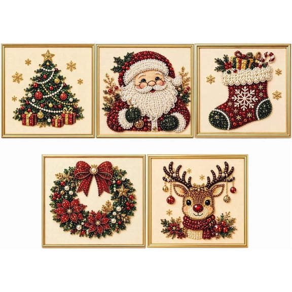 DIY Christmas Pearl Diamond Painting Art Kit with Frame, DIY 3D Pearl Art Craft Kit for Home Wall Decor, Healing Stress-Relieving (5Pcs)