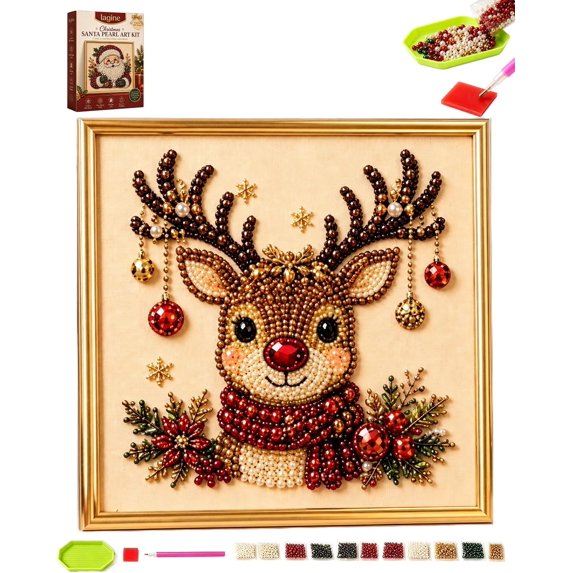 DIY Christmas Pearl Diamond Painting Art Kit with Frame, Diamond Painting Kits for Adults, Framed Gemstone Diamond Art Dots Painting Craft