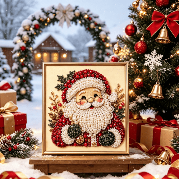 DIY Christmas Pearl Diamondd Paint-ing Kit with Frame, Santa Pearl Beads Art Craft for Adults Beginners, Gemstone Dots for Home Wall Decor