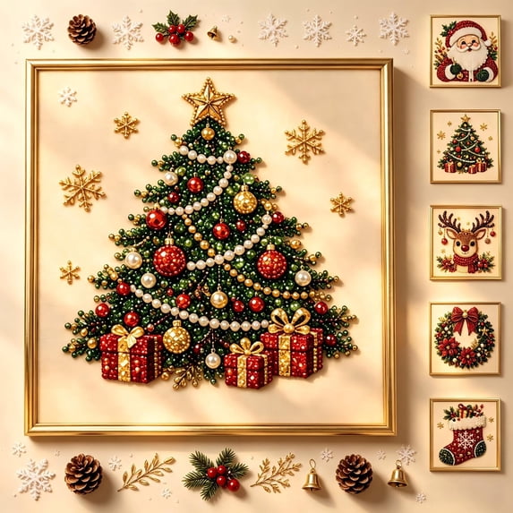 DIY Christmas Pearl Dimond Art Paintings Kit with Frame, Christmas Decorations Pearl Beads Art Craft for Adults Beginner, Gemstone Diamond Dots for Home Wall Decor