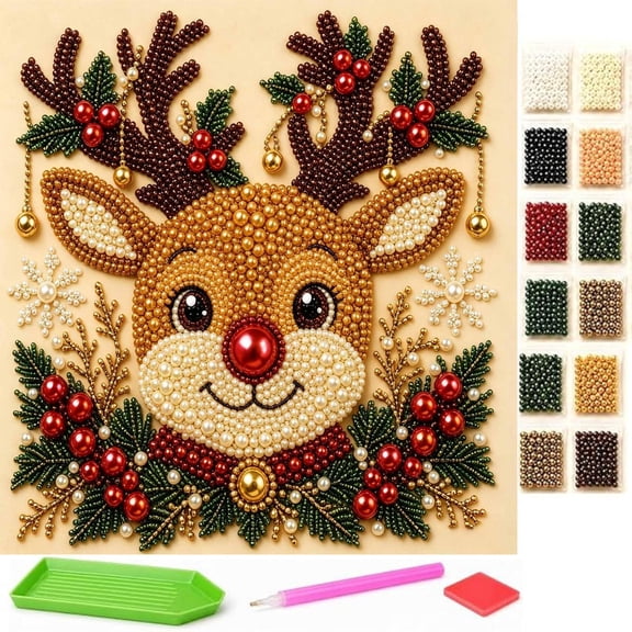 DIY Christmas Pearl Painting Art Kit with Frame, 8" Christmas Pearl Beads Art Craft Set, Gemstone Dots Beads for Holiday Christmas Wall Decor, Decoration Gift(Deer)