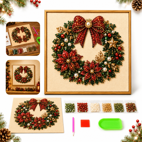 DIY Christmas Pearl Painting Art Kit with Frame, Christmas Wreath 7.87 in Pearl Bead Craft for Adults and Beginners, Holiday Home Decor