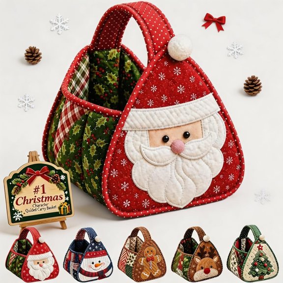 DIY Christmas Quilted Basket Sewing Kit,Fabric Christmas Storage Basket | Complete Santa Applique Craft Set with Pre-Cut Fabrics, Padding, Handles, Thread, Festive Holiday Gift for Beginners Crafters