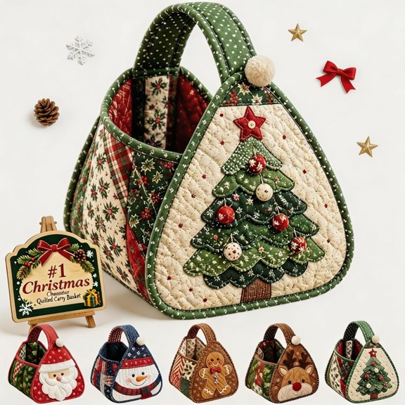 DIY Christmas Quilted Basket Sewing Kit,Fabric Christmas Storage Basket | Complete Santa Applique Craft Set with Pre-Cut Fabrics, Padding, Handles, Thread, Festive Holiday Gift for Beginners Crafters