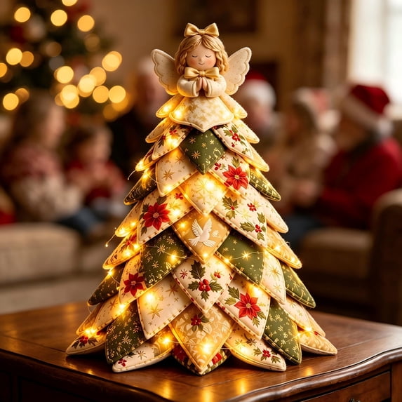 DIY Christmas Quilted Fabric Tree Kit Pre-lit Fabric Desktop Tree with 3D Angel Topper Lighted Poinsettia Patterns Tabletop Centerpiece for Cozy Winter Office Decor