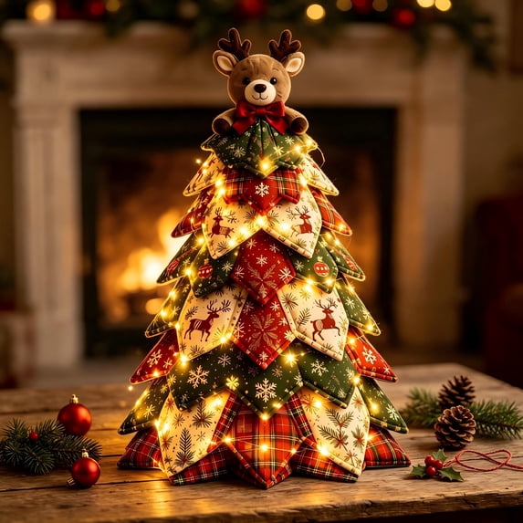 DIY Christmas Quilted Fabric Tree Kit Pre-lit Fabric Desktop Tree with 3D Reindeer Topper Lighted Snowflake Patterns Tabletop Centerpiece for Cozy Winter Office Decor