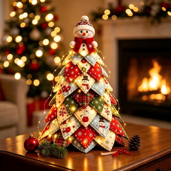 DIY Christmas Quilted Fabric Tree Kit Pre-lit Fabric Desktop Tree with 3D Snowman Topper Lighted Snowflake Patterns Tabletop Centerpiece for Cozy Winter Office Decor