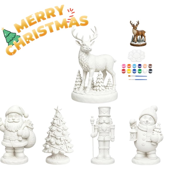 DIY Christmas Reindeer Figurine Painting Kit, Plaster Ornament Craft Set with 12 Paints & Brushes for Family Holiday Art Activity