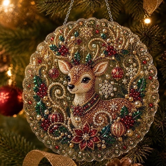 DIY Christmas Reindeer Shape Pearl Diamond Painting Art Kit Suncatcher Christmas Pearl Beads Art Craft for Adults Beginners Diamond Dots Beads Painting for Home Wall Decor