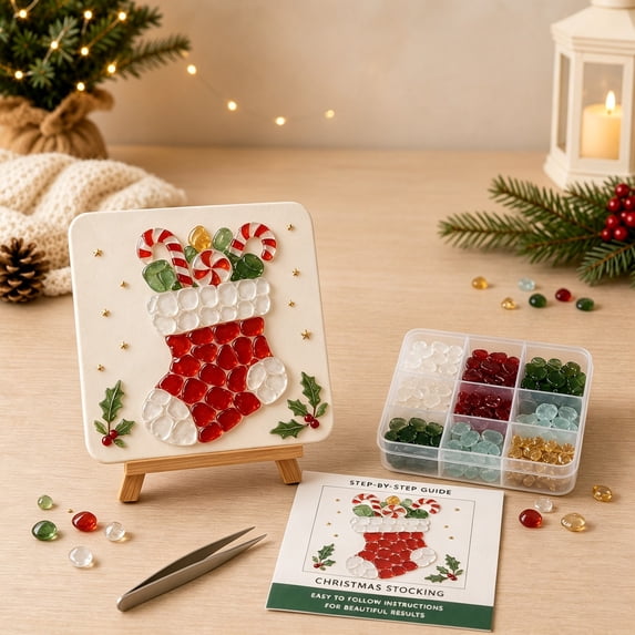 DIY Christmas Sea Glass Art Kit for Adults, Holiday Stocking Mosaic Picture with Easel, Cozy Xmas Craft Wall Art Home Decor, Warm Gift for Craft Lovers Families