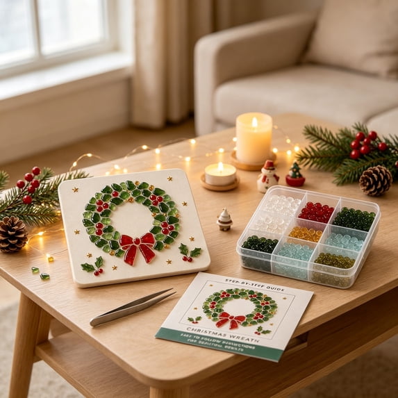 DIY Christmas Sea Glass Art Kit for Adults, Holiday Wreath Mosaic Picture with Easel, Xmas Craft Wall Art Home Decor, Festive Craft Gift for Beginners