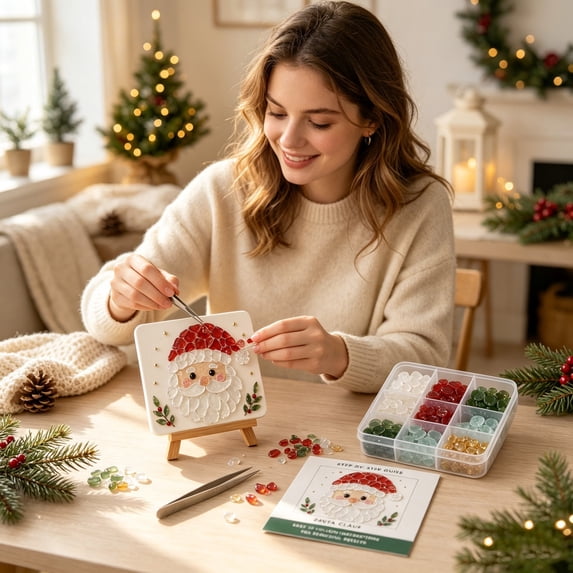 DIY Christmas Sea Glass Art Kit for Adults, Santa Mosaic Picture with Easel, Merry Christmas Craft Wall Art Home Decor, Fun Holiday Gift for Families