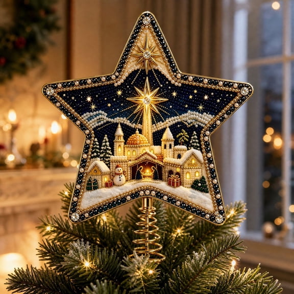 DIY Christmas Star Tree Topper Diamond Art Kit for Adults, Christmas Village Pearl Art Craft with Spring Base, Sparkling Holiday Tree Topper Project for Christmas Decor
