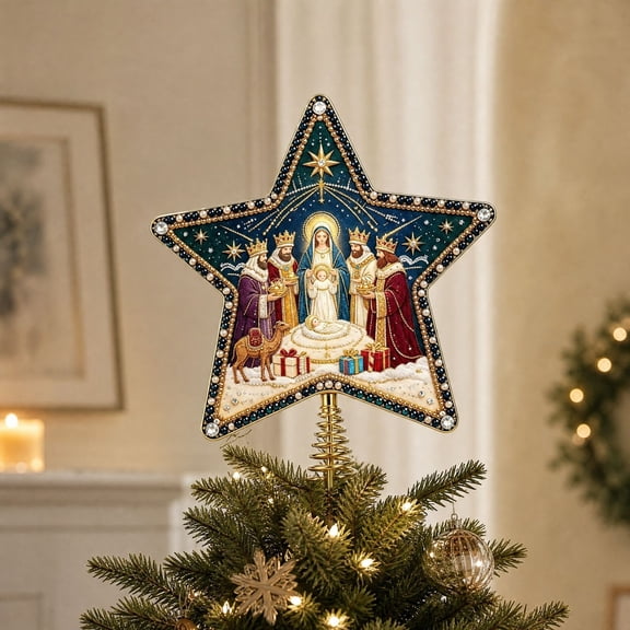 DIY Christmas Star Tree Topper Diamond Art Kit for Adults, Nativity Family Pearl Art Craft with Spring Base, Sparkling Holiday Tree Topper Project for Christmas Decor