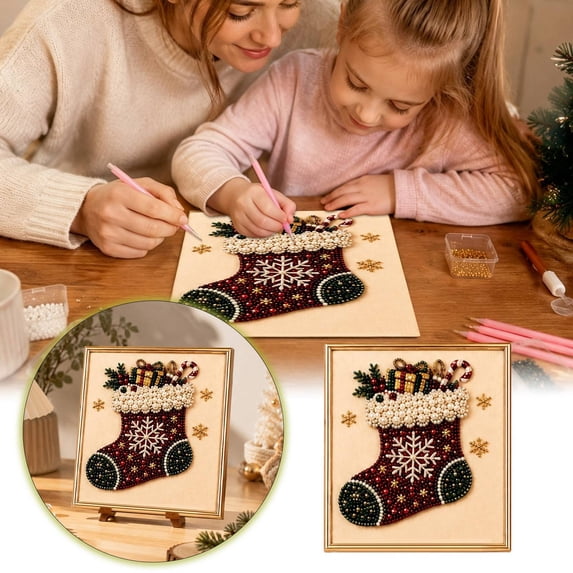 DIY Christmas Stocking Candy Cane Gift Pearl Diamond Painting Kit, Special Shaped Rhinestone Canvas Without Frame, Gem Art Wall Decor for Winter Holiday Ornament 20cm