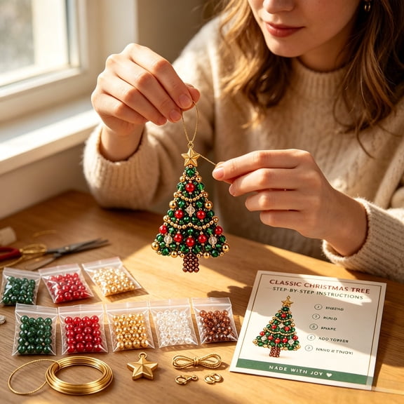 DIY Christmas Tree Bead Ornament Kit Plastic Craft Set for Holiday Family Activity 1 Pack
