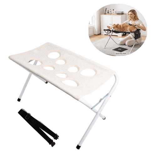 Pet Grooming Hammock with Foldable Iron Stand, 60x33x40cm | Dog Bath Stand for Small Dogs and Cats, Mesh Grooming Table with Safety Strap for Nail Trimming, Bathing, Grooming & Pet Care Gray