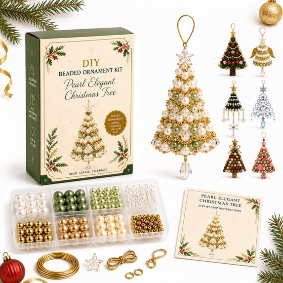 DIY Christmas Tree Beaded Ornament Kit Holiday Craft, Pearl Crystal Beads Set, Festive Hanging Decor for Adult Beginners(RL)