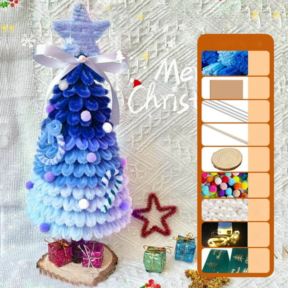 DIY Christmas Tree Craft Kit with Twist Stick Materials, Holiday Craft Project for Family Activities, Small Ornament Making Set for Desktop and Shelf Decor(Blue)