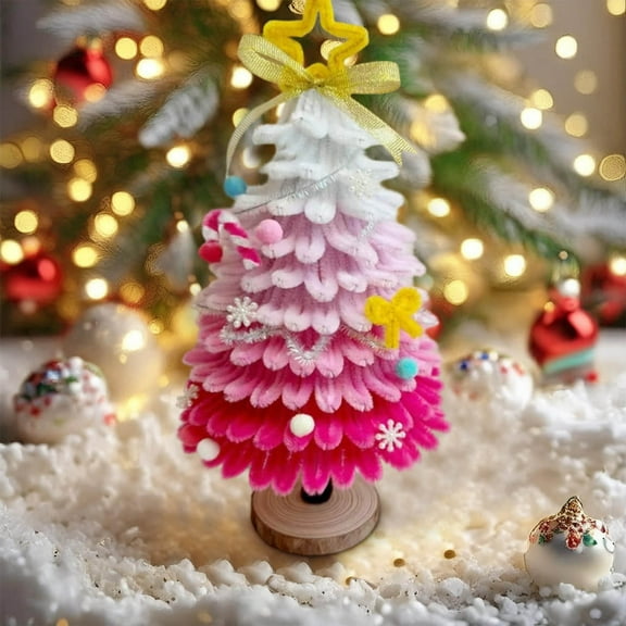 DIY Christmas Tree Craft Kit with Twist Stick Materials, Holiday Craft Project for Family Activities, Small Ornament Making Set for Desktop and Shelf Decor(Pink)