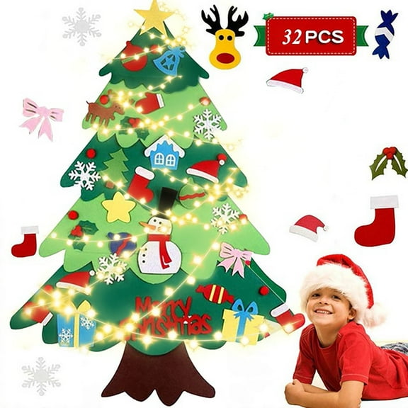 DIY Christmas Tree Set With Ornaments For Kids Xmas Presents Door Wall Hanging Luminous Christmas Tree With 32PC Accessories Christmas Tree for Kids 3D Children's DIY Decorative Pendant With 3M Light