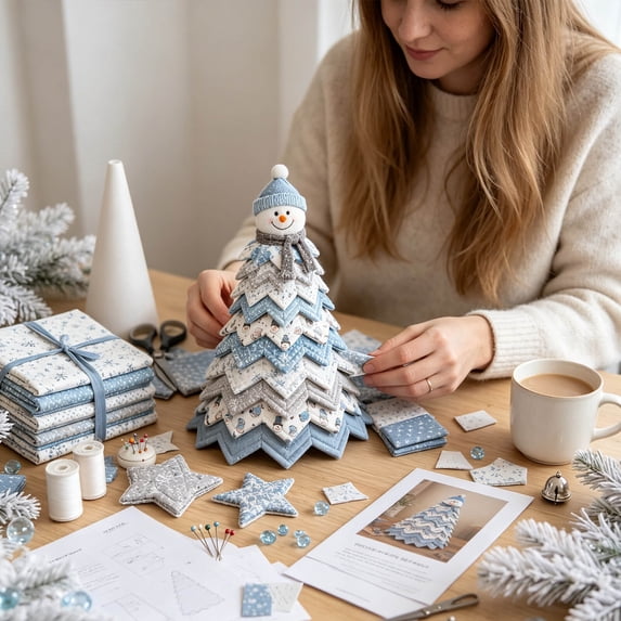 DIY Christmas Tree Sewing Kit, Fabric Patchwork Kit with Felt and Tools, Holiday Desktop Craft (Blue)