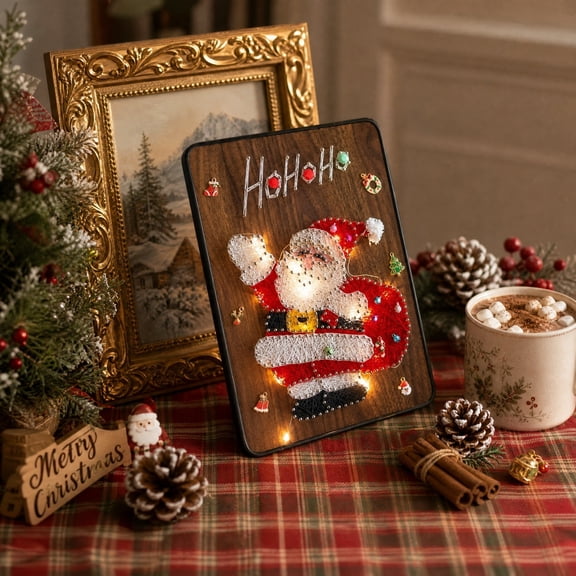 DIY Christmas Tree String Art Kit with LED Lights, Wooden Board, Ornaments and Nails, Complete Nail Winding Thread Painting Set for Holiday Wall Decor
