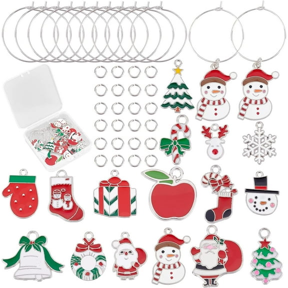 DIY Christmas Wine Glass Charm Making Kits Including Alloy Enamel Pendants Brass Wine Glass Charm Rings Jump Rings Mixed Color 52pcs/box diy