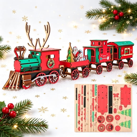 DIY Christmas Wooden Train Set 3D Assembly Puzzle Kit, Wooden Train Model Building Kit with Precision Wood Pieces, Creative Craft Brain Teaser Gift for Teens & Adults