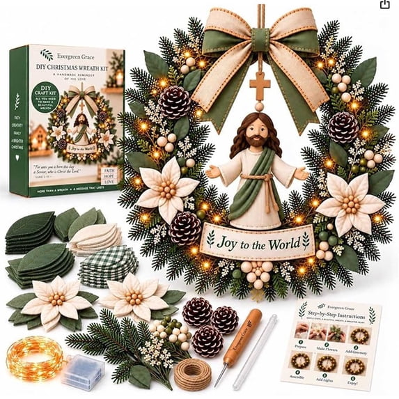 DIY Christmas Wreath Assembly Kit,3D Fabric Poke Wreath Craft Set for Adults,Beginners,Handmade Holiday Door Wall Decor,12.6 Inch(Jesus)