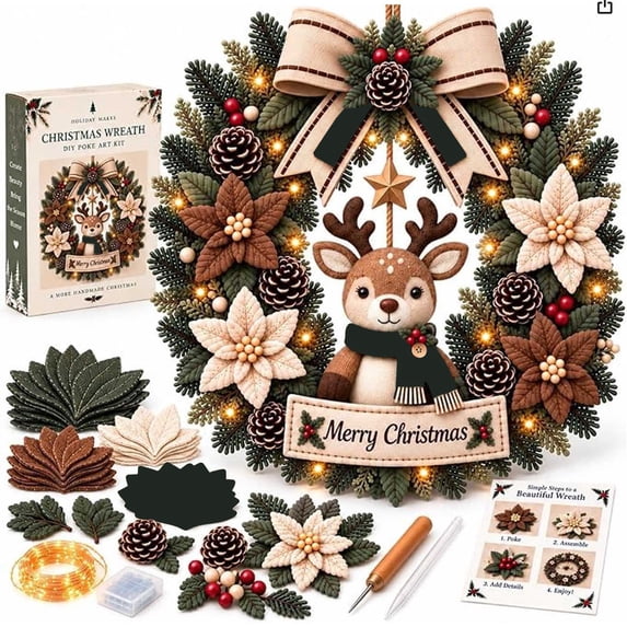 DIY Christmas Wreath Assembly Kit,3D Fabric Poke Wreath Craft Set for Adults,Beginners,Handmade Holiday Door Wall Decor,12.6 Inch(Reindeer)