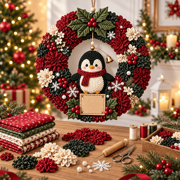 DIY Christmas Wreath Craft Kits for Adults, Holiday Door Hanging Decor, 3D fabric poke wreath diy kit