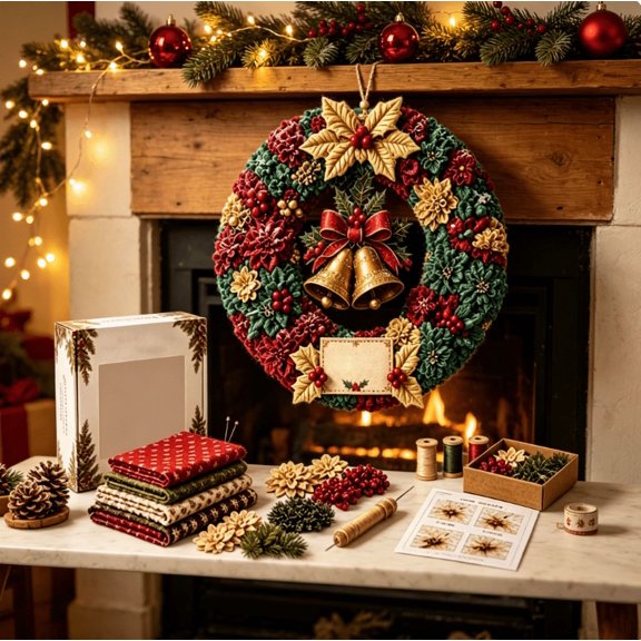DIY Christmas Wreath Kit, 3D Felt Punch Needle Craft Set with Thread and Tools for Front Door Holiday Home Decor and Family Crafting, Double bells