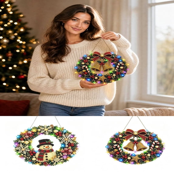 DIY Christmas Wreath Kit with LED Lights, Light-Up Pearl Painting Kit, Diamond Art Wreath for Adults, Beaded Christmas Wreath Ornament for Door & Wall, 7.9" × 7.9", Akmoler