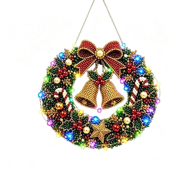 DIY Christmas Wreath Kit with LED Lights, Light-Up Pearl Painting Kit, Diamond Art Wreath for Adults, Beaded Christmas Wreath Ornament for Door & Wall, 7.9" × 7.9", Akmoler