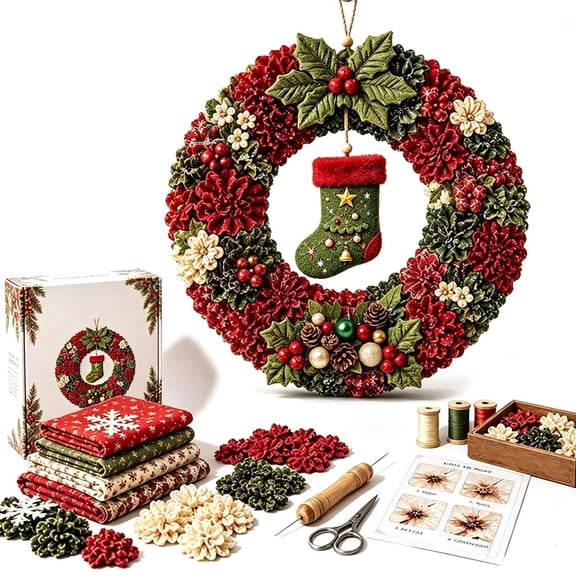 Gxdcog DIY Christmas Wreath Kit with 3D Fabric Poke Art Set Door Decor for Adults, Pre-Punched Crafts Making Kit