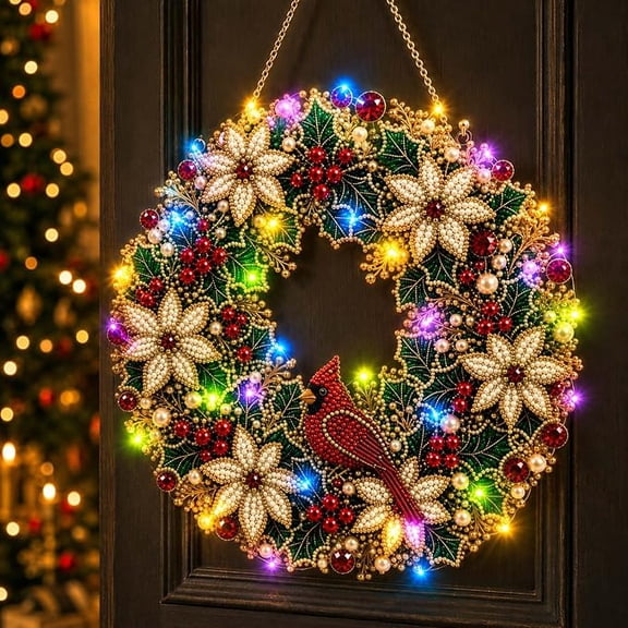 DIY Christmas Wreath Light Up Pearl Diamond Art Painting KitPearl Gem Bead Art Hanging Ornaments with LED String Lights for Adults Home Wall Pendant Window Decor Xmas Gifts,E