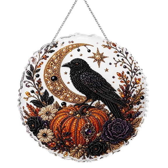 DIY Circular Hanging Suncatcher Pearl Painting Kit, Spooky Black Crow on Harvest Pumpkin Crescent Moon, Cozy Autumn Harvest Home Wall Door Hanging Decorative Crafts for Adults