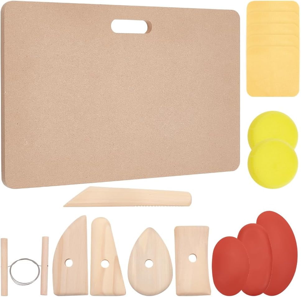 DIY Clay Ceramic Craft Jewerly Tool Kit Including Portable Clay Wedging Board MDF Wood Mud Mat Silicone Molds and Wooden Carving Curved Clapper Mixed color