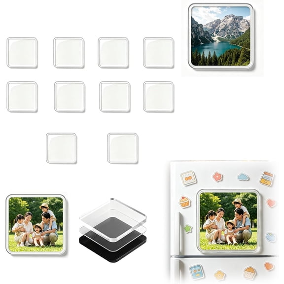 DIY Clear Acrylic Fridge Magnet Kit with Adhesive Backing, 2x2 Square Magnetic Photo Frames, Blank Custom Photo Magnets for Fridge, Office & Classroom Metal Surface Craft Decor (10PCS)