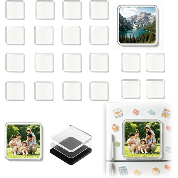 DIY Clear Acrylic Fridge Magnet Kit with Adhesive Backing, 2x2 Square Magnetic Photo Frames, Blank Custom Photo Magnets for Fridge, Office & Classroom Metal Surface Craft Decor (20PCS)