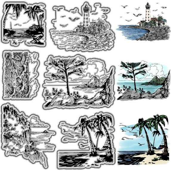 DIY Coastal Background Clear Rubber Stamps Sea Scenery View Vintage Reusable Transparent Silicone Stamp Seals for Journaling Card Making Scrapbooking Photo Album Decorative DIY Mixed Color DIY