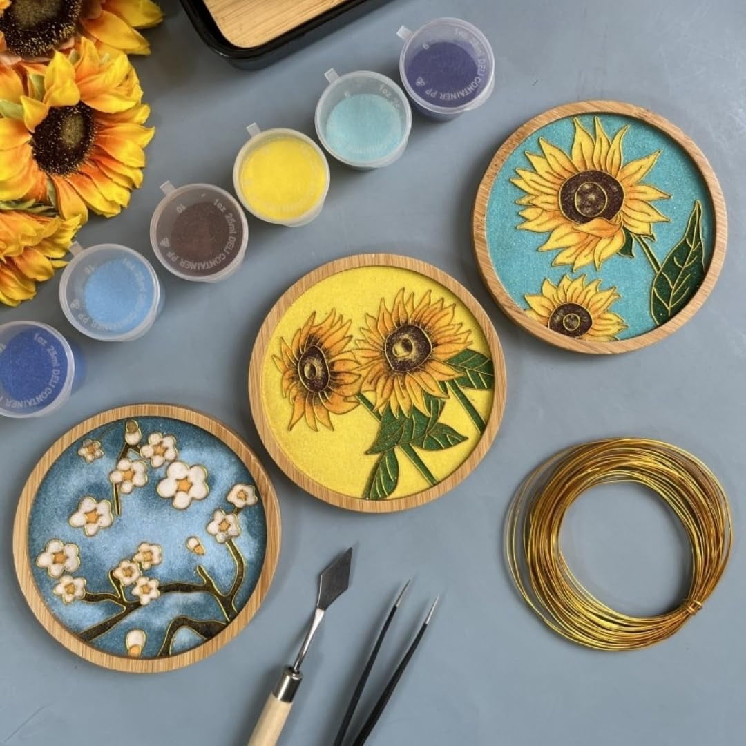 DIY Coaster Craft Kits, Cloisonne Filigree Enamel Art Painting Crafts Coasters Starter Kit, DIY Craft Coasters Supplies for Adults, Hobby for Adults Women Elderly, Handmade Home Decor Gifts