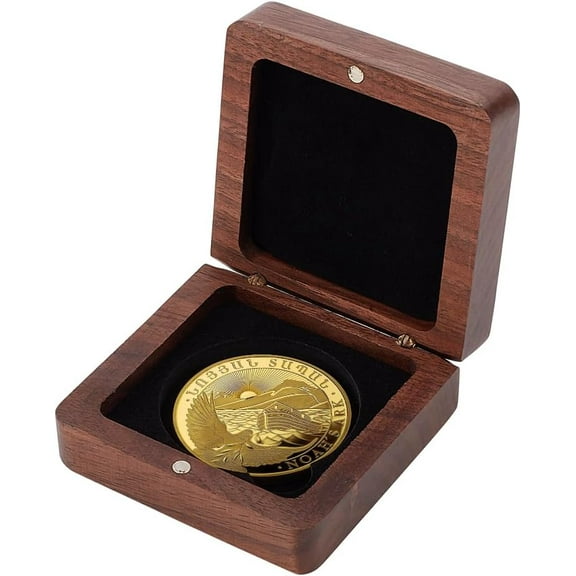 DIY Coin Display Box Square Challenge Medal Coin Display Case Box Walnut Coin Presentation Display Box Holder Velvet Inside Gift Box Storage Case 2.7inch DIY