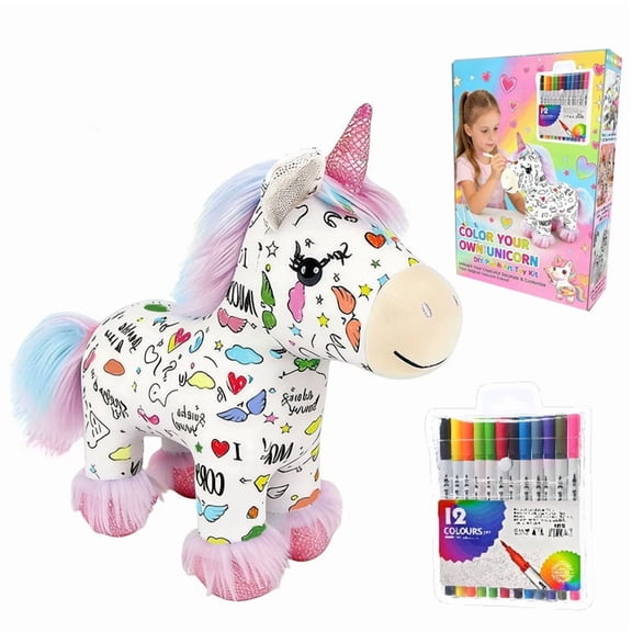 DIY Color-In Unicorn Plush Toy Kit Washable Reusable Stuffed Animal Art Set with 12 Fabric Markers for Creative Kids Activity Gift
