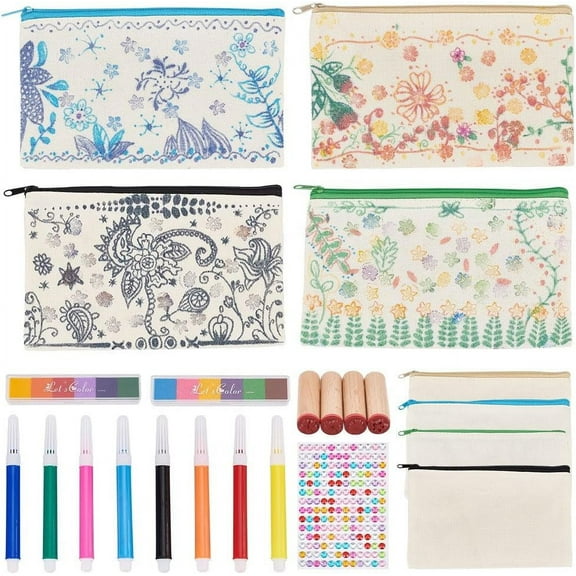 DIY Color Pencil Case Pouch Kit with 4 Pack 4.33x7.09 Inch Blank Canvas Zipper Pouch Makeup Cosmetic Bags Wooden Scrapbooking Stamps Coloring Accessories for Bag Crafts Decor