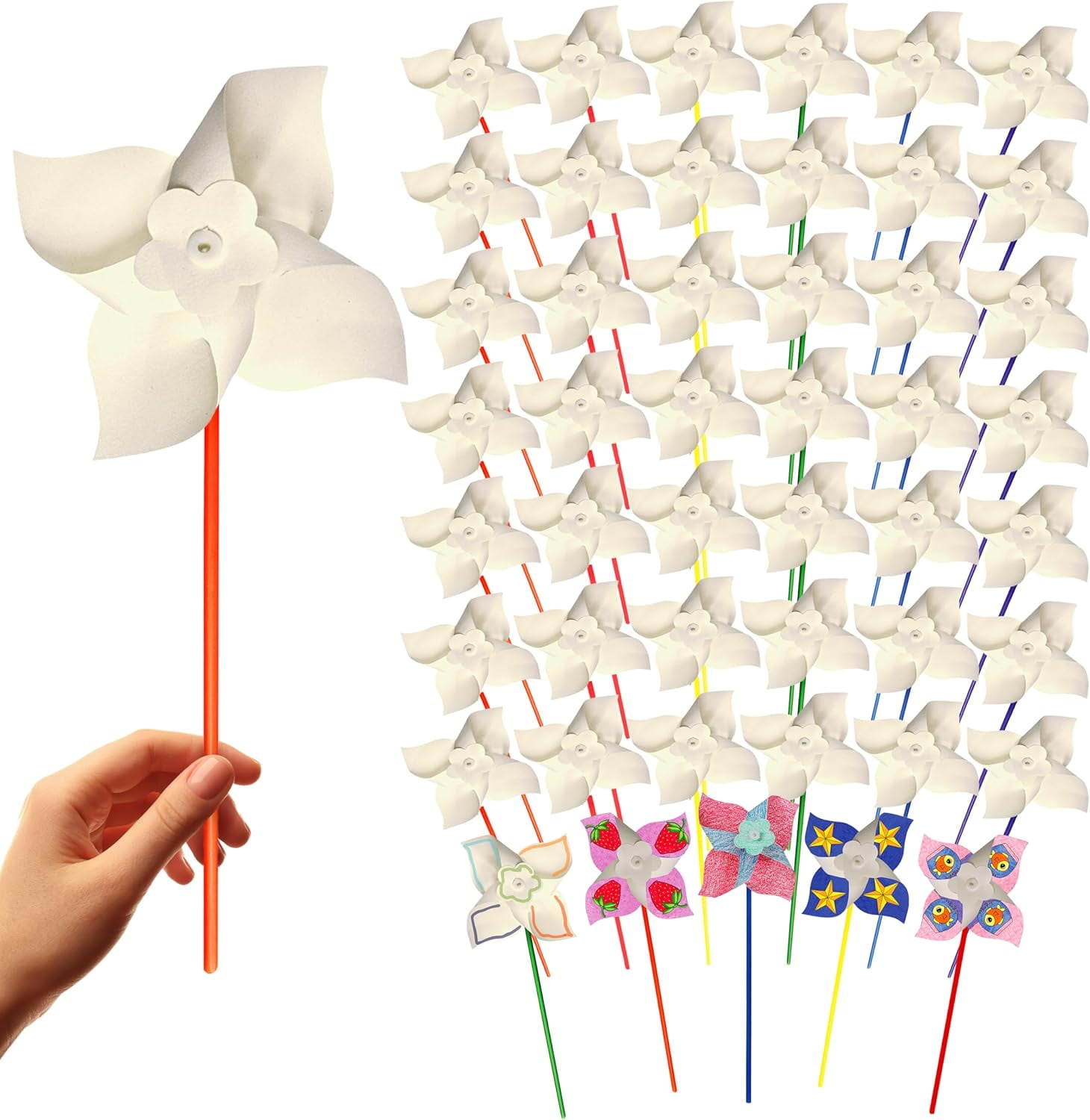 4E's Novelty 24 Pack DIY Pinwheels Craft for Kids, Bulk Summer Pinwheel Craft Kit, Colour Your Own Paper Windmill