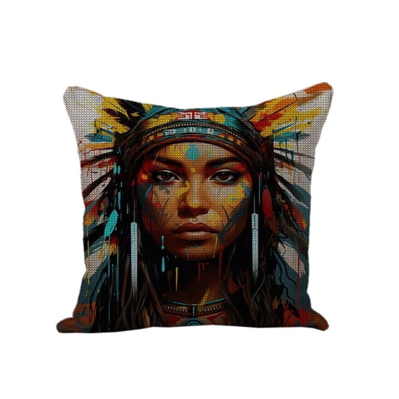 DIY Colorful American Native Indian Woman Feather Stamped Cross Stitch Pillow Kits Embroidery Pillowcase 11CT Counted Needlepoint Handmade Cushion Cover Home Sofa Christmas Decoration 18x18inch(1)