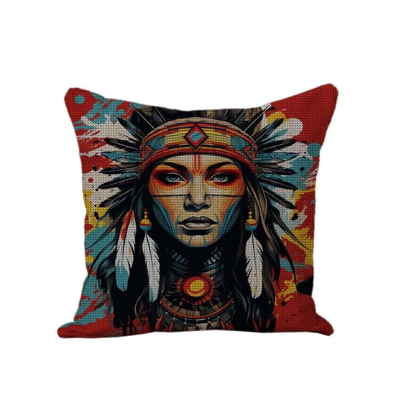 DIY Colorful American Native Indian Woman Feather Stamped Cross Stitch Pillow Kits Embroidery Pillowcase 11CT Counted Needlepoint Handmade Cushion Cover Home Sofa Christmas Decoration 18x18inch(2)